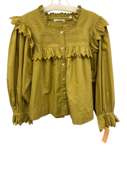 Doen Size S Split Pea Green Cotton Long Balloon Sleeve Button Front Top Split Pea Green / S