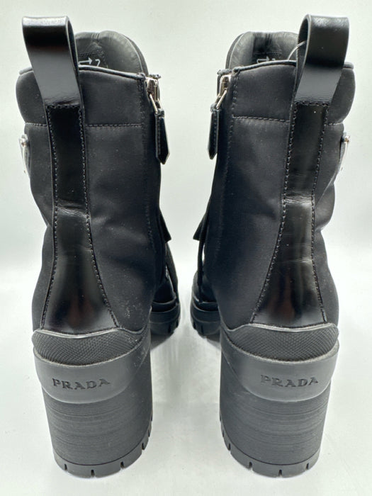 Prada Shoe Size 39.5 Black Nylon Leather Triangle Logo Block Heel Combat Boots