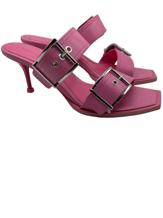 Alexander McQueen Shoe Size 37.5 Pink Leather Two Strap Buckles Mid Heel Mules