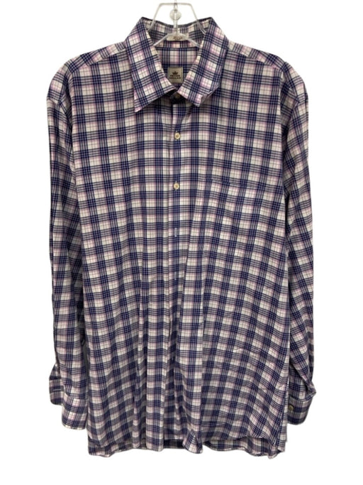 Peter Millar Size L White, Blue & Purple Cotton Plaid Men's Long Sleeve Shirt White, Blue & Purple / L