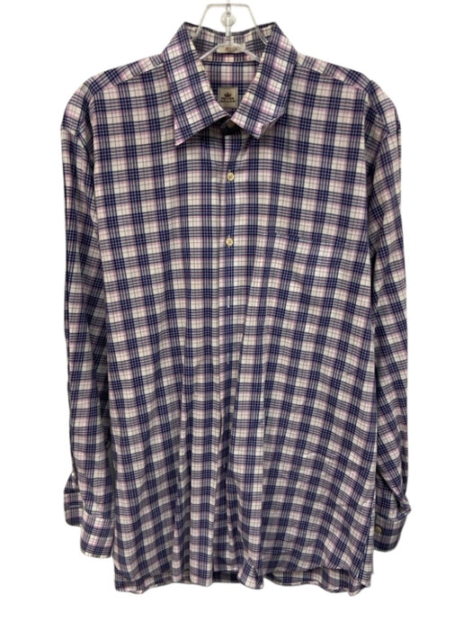 Peter Millar Size L White, Blue & Purple Cotton Plaid Men's Long Sleeve Shirt White, Blue & Purple / L
