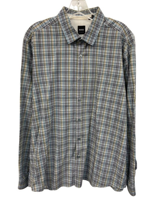 Boss Size XL Gray & Multi-Color Cotton Plaid Button Down Men's Long Sleeve Shirt Gray & Multi-Color / XL
