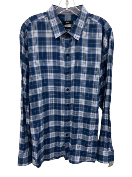 Boss Size XXL Blue, White & Gray Cotton Plaid Button Down Long Sleeve Shirt Blue, White & Gray / XXL