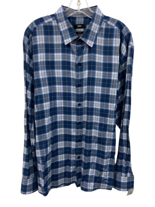 Boss Size XXL Blue, White & Gray Cotton Plaid Button Down Long Sleeve Shirt Blue, White & Gray / XXL