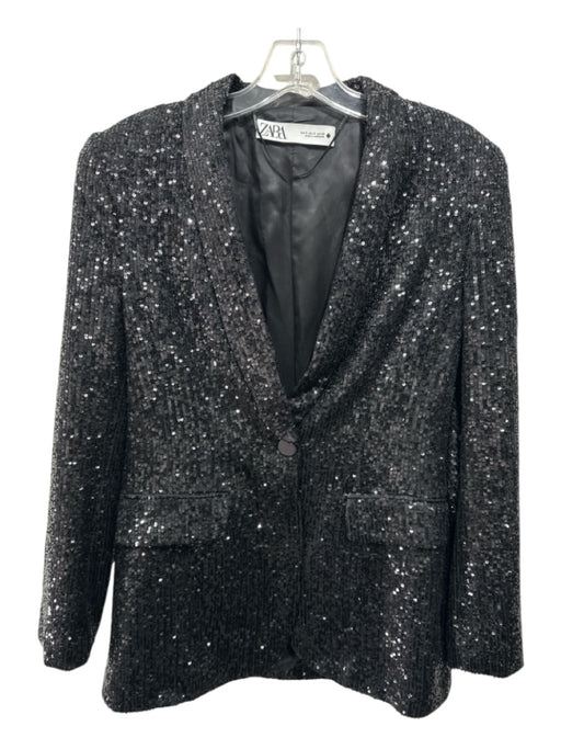 Zara Size S Black Viscose Sequin Single Breasted Shoulder Pads Blazer Jacket Black / S