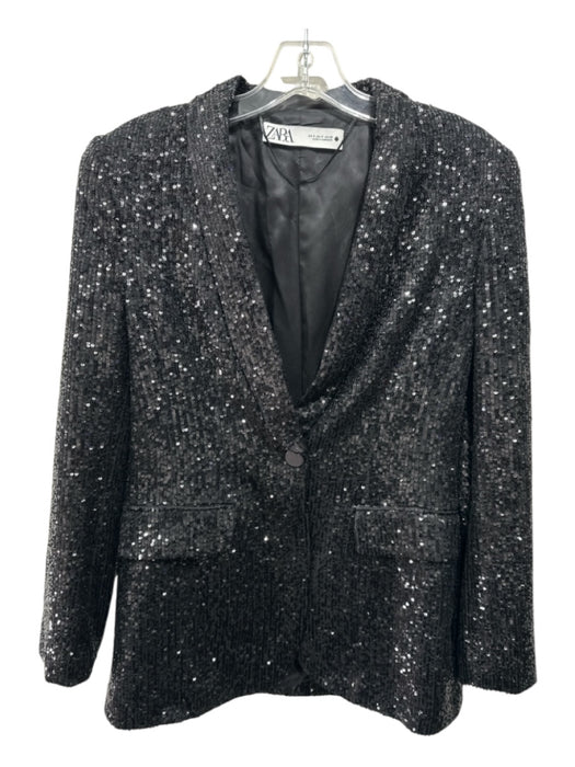 Zara Size S Black Viscose Sequin Single Breasted Shoulder Pads Blazer Jacket Black / S