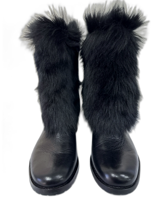 Via Spiga Shoe Size 7 Black Leather & Fur Fabric Block Mid Calf Boots Black / 7