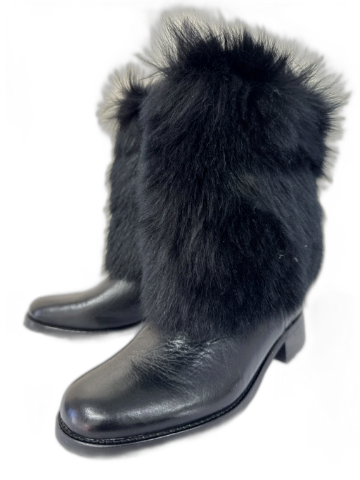 Via Spiga Shoe Size 7 Black Leather & Fur Fabric Block Mid Calf Boots Black / 7