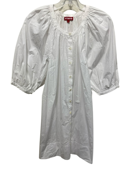 Staud Size S White Cotton Blend Button Front 1/2 Puff Sleeve Mini Shirt Dress White / S