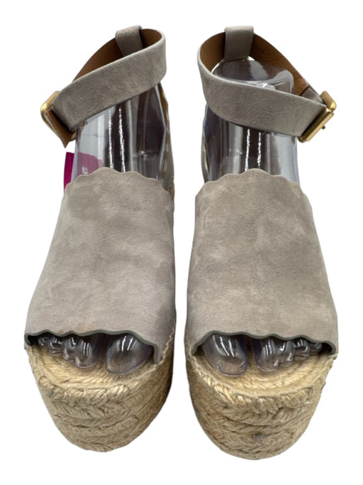 Chloe Shoe Size 37 Gray & Beige Suede Wedge Espadrille Ankle Buckle Sandals Gray & Beige / 37