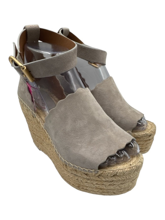 Chloe Shoe Size 37 Gray & Beige Suede Wedge Espadrille Ankle Buckle Sandals Gray & Beige / 37