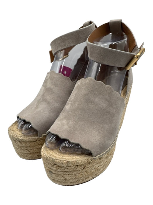 Chloe Shoe Size 37 Gray & Beige Suede Wedge Espadrille Ankle Buckle Sandals Gray & Beige / 37