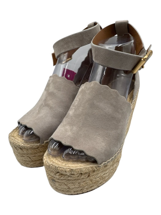 Chloe Shoe Size 37 Gray & Beige Suede Wedge Espadrille Ankle Buckle Sandals Gray & Beige / 37