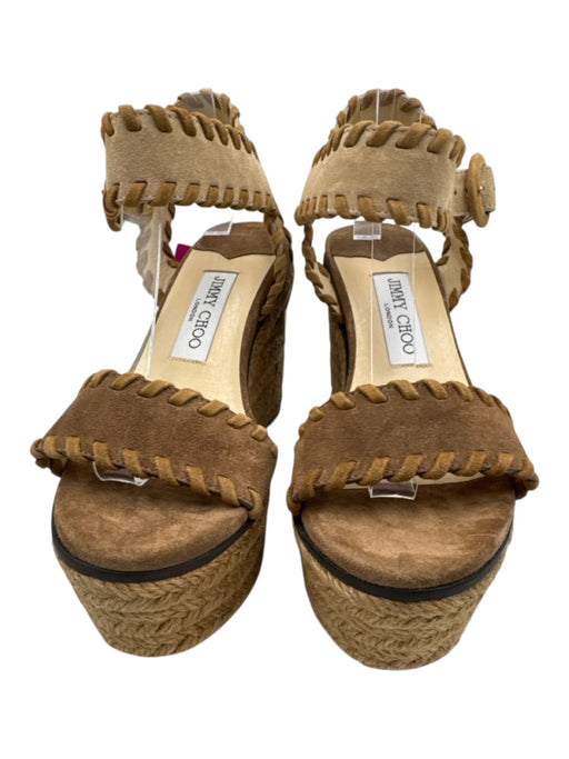 Jimmy Choo Shoe Size 37.5 Brown & Beige Suede Espadrille Platform Wedge Sandals Brown & Beige / 37.5