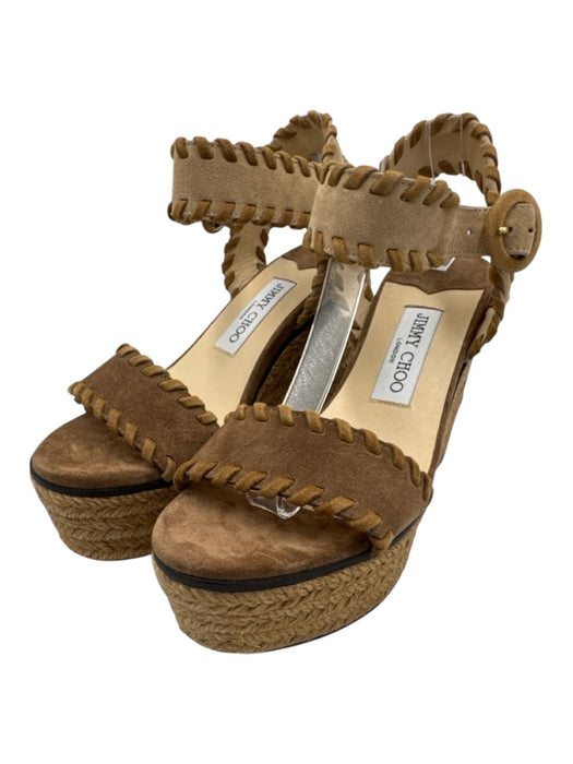 Jimmy Choo Shoe Size 37.5 Brown & Beige Suede Espadrille Platform Wedge Sandals Brown & Beige / 37.5