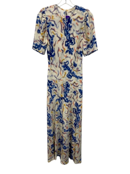 Ulla Johnson Size 8 White, Blue & Multi Silk Crew Neck Back Button Dress White, Blue & Multi / 8