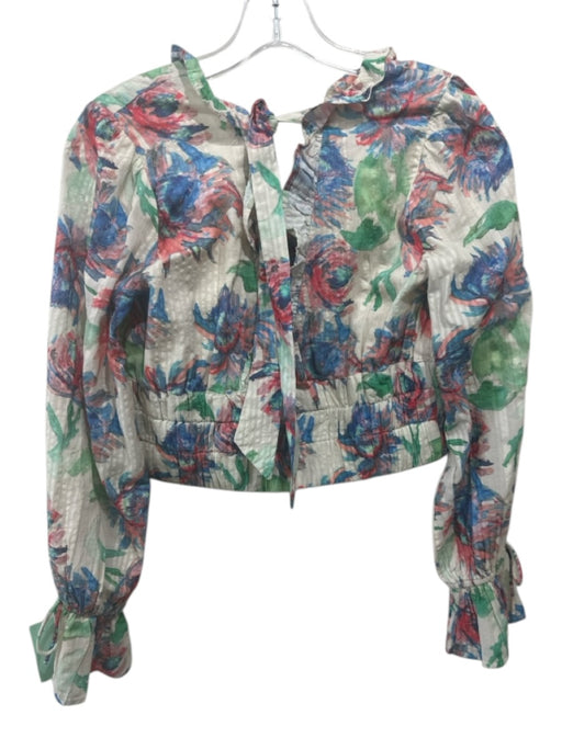 By Anthropologie Size S Cream, Blue & Multi Cotton V Neck Watercolor Print Top Cream, Blue & Multi / S