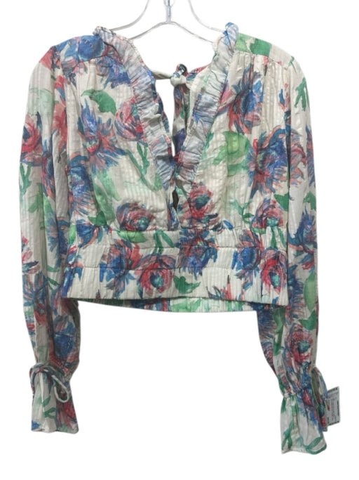 By Anthropologie Size S Cream, Blue & Multi Cotton V Neck Watercolor Print Top Cream, Blue & Multi / S