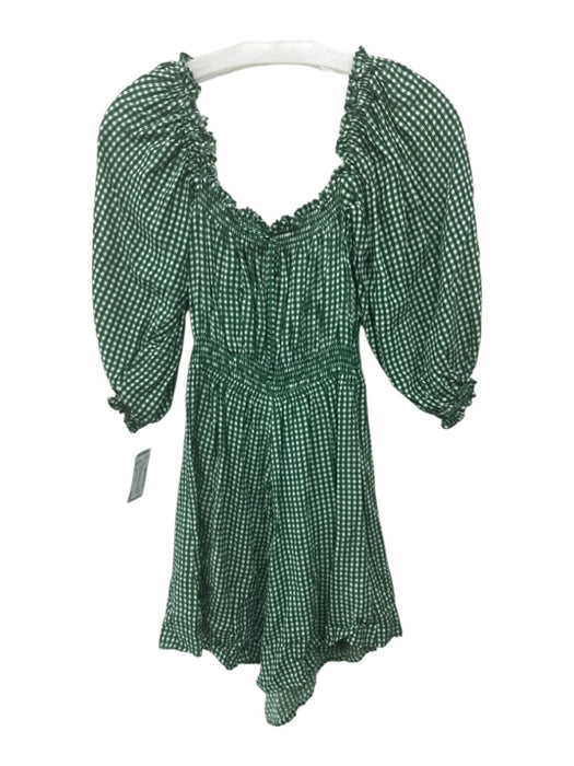 Faithful The Brand Size 6 Green & White Rayon Gingham Puff Sleeve Mini Romper Green & White / 6