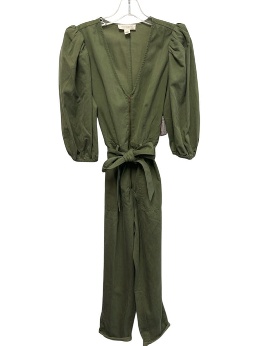 Treasure & Bond Size S Green Tencel & Cotton Puff Half Sleeve V Neck Jumpsuit Green / S