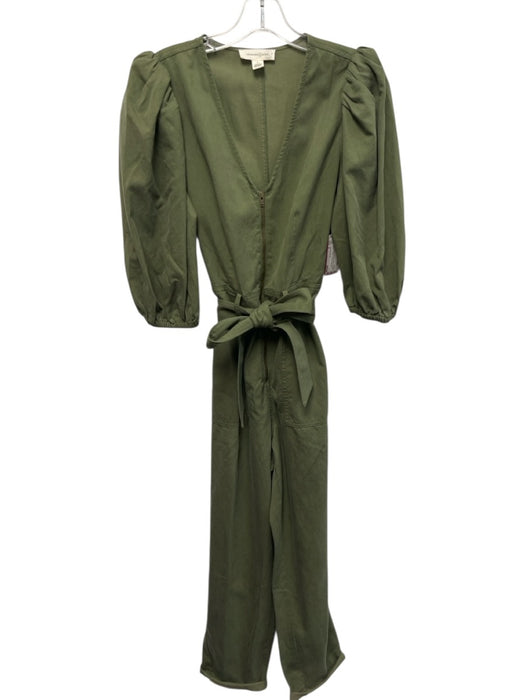Treasure & Bond Size S Green Tencel & Cotton Puff Half Sleeve V Neck Jumpsuit Green / S