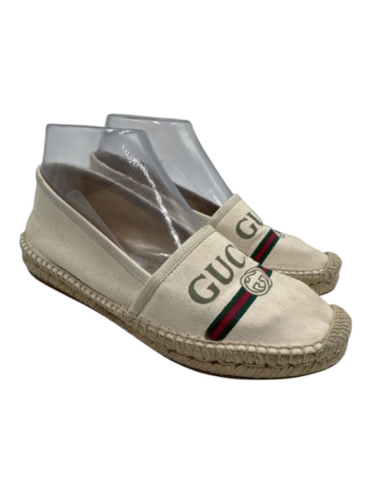 Gucci Shoe Size 37 Beige, Red, Green Canvas Raffia Logo Slip On Espadrille Beige, Red, Green / 37