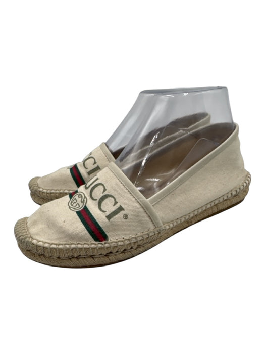 Gucci Shoe Size 37 Beige, Red, Green Canvas Raffia Logo Slip On Espadrille Beige, Red, Green / 37