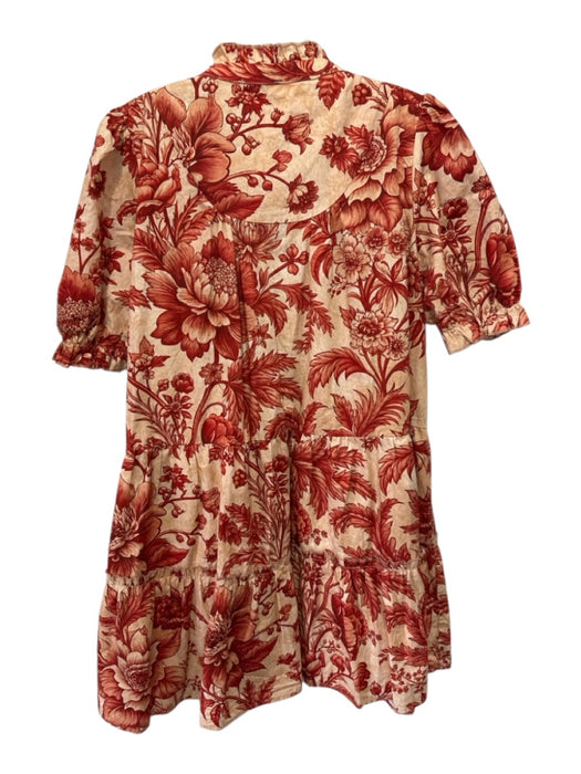 TCEC Size M Orange & Red Cotton floral print Tiered Puff Shoulder Dress Orange & Red / M