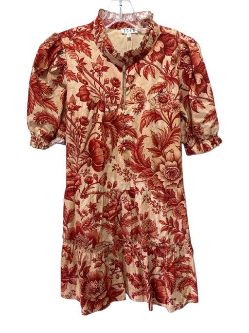 TCEC Size M Orange & Red Cotton floral print Tiered Puff Shoulder Dress Orange & Red / M