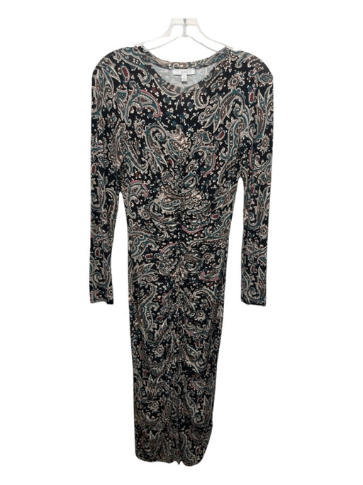 Joie Size XS Black & Multi Viscose Paisley Print Ruched Long Sleeve Knit Dress Black & Multi / XS