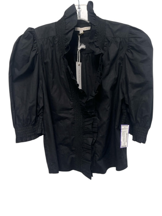 Love The Label Size S Black Cotton Short Sleeve Ruffle Neckline Split Neck Top Black / S