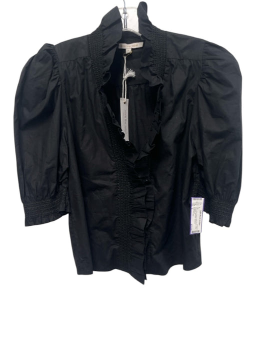 Love The Label Size S Black Cotton Short Sleeve Ruffle Neckline Split Neck Top Black / S