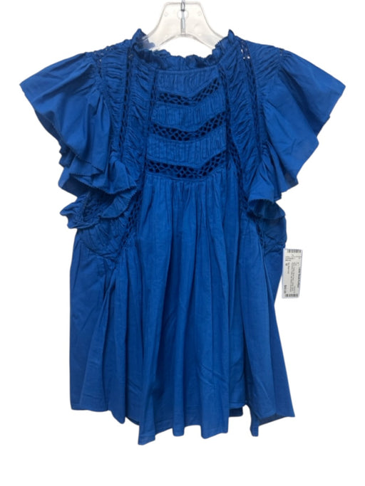 Sea New York Size M Blue Cotton Mock Neck Ladder Stitch Rouched Top Blue / M