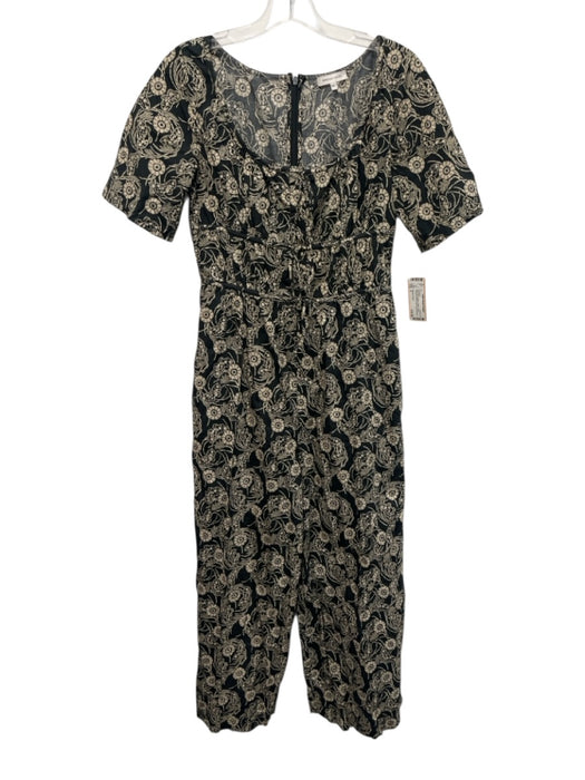 Rebecca Taylor Size 4 Dark Gray & Beige Cotton Floral Drawstring Waist Jumpsuit Dark Gray & Beige / 4