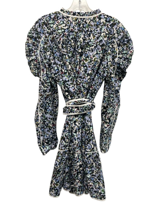 Marie Oliver Size 1 / S Blue, White, Black Cotton Puff Shoulder Above Knee Dress Blue, White, Black / 1 / S