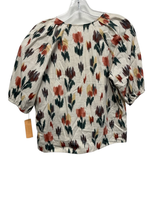Sezane Size 36 / 38 Cream, Red, Green Cotton Half Puff Sleeve V Zip Front Skirt Cream, Red, Green / 36 / 38