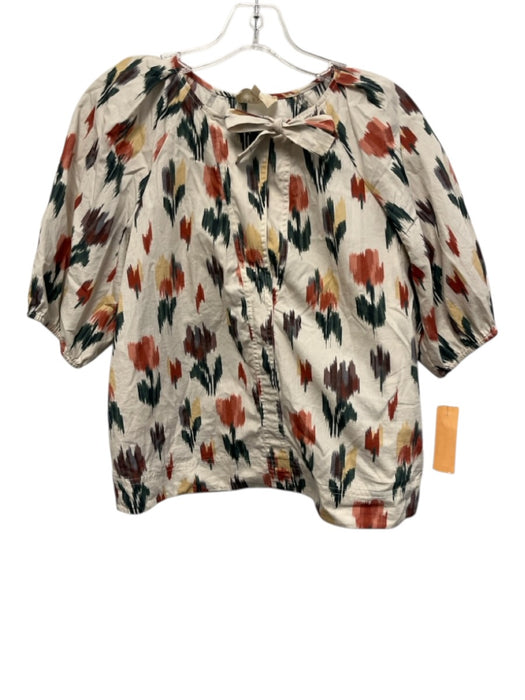 Sezane Size 36 / 38 Cream, Red, Green Cotton Half Puff Sleeve V Zip Front Skirt Cream, Red, Green / 36 / 38