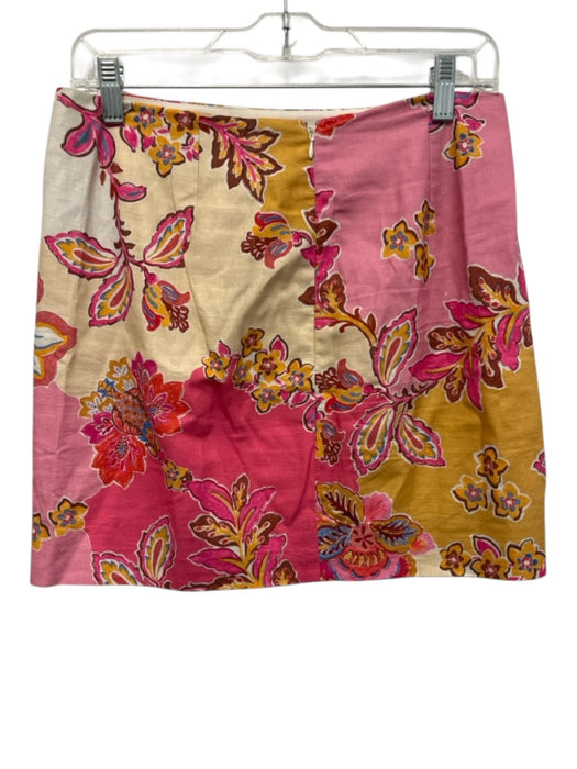 Sezane Size 38 pink, white, cream Linen Blend Floral Back Zip Mini Skirt pink, white, cream / 38