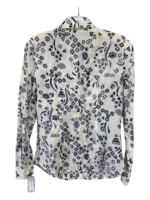 Tory Burch Size 2 White, Navy, Pink Cotton Long Sleeve Abstract Print Collar Top White, Navy, Pink / 2