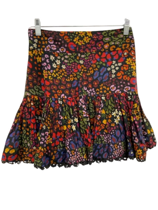 Farm Rio Size XS Black & Multi Cotton Zip Back Printed Lace Trim Skirt Black & Multi / XS