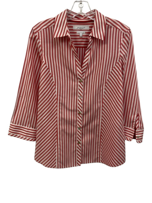 Foxcroft Size 8 Red & White Cotton V Neck Striped Collared Long Sleeve Top Red & White / 8