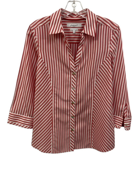 Foxcroft Size 8 Red & White Cotton V Neck Striped Collared Long Sleeve Top Red & White / 8