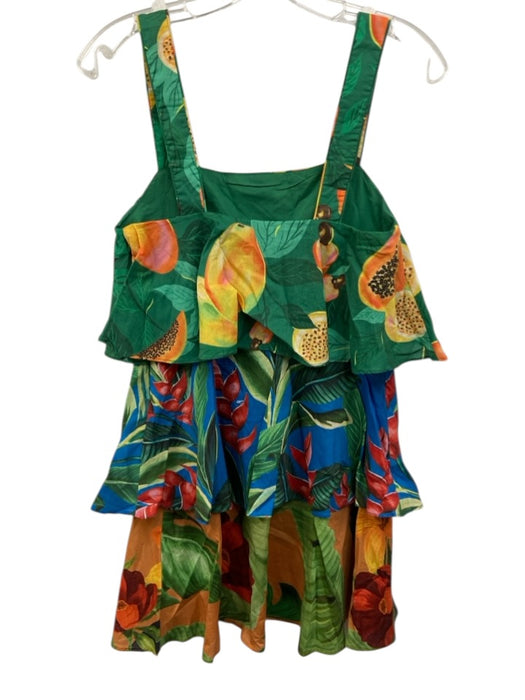 Farm Rio Size XS Green & Multi Cotton Tiered Sleeveless Printed Above Knee Dress Green & Multi / XS