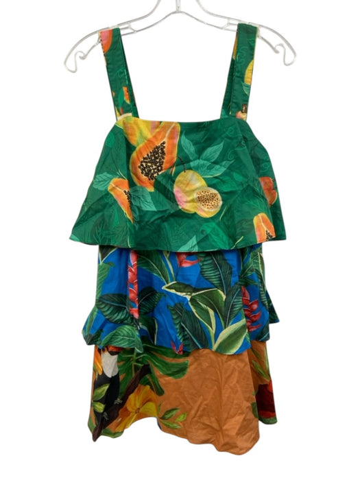 Farm Rio Size XS Green & Multi Cotton Tiered Sleeveless Printed Above Knee Dress Green & Multi / XS