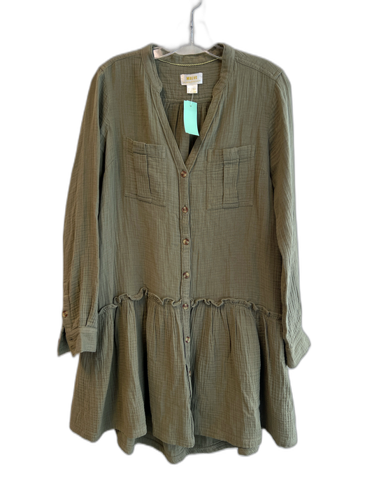 Maeve Size 2 Green Cotton Textured Button Down Long Sleeve Dress Green / 2