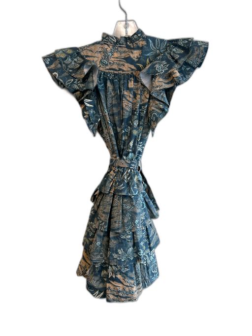 Ulla Johnson Size 3 Teal Blue & Multi Cotton Sleeveless Ruffles Belt Dress Teal Blue & Multi / 3