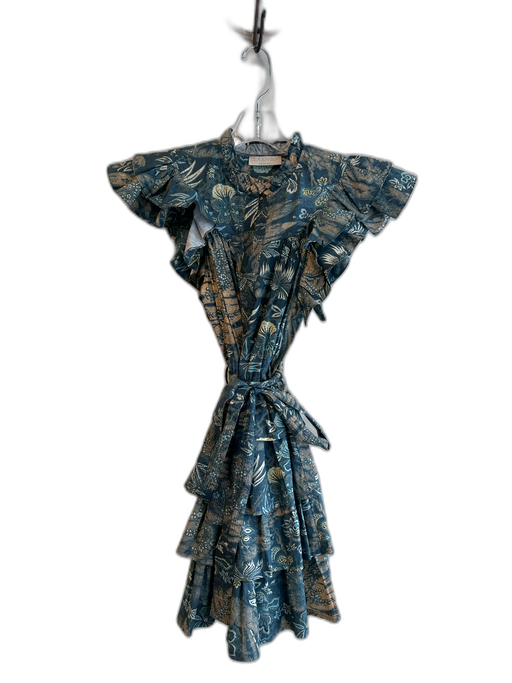 Ulla Johnson Size 3 Teal Blue & Multi Cotton Sleeveless Ruffles Belt Dress Teal Blue & Multi / 3