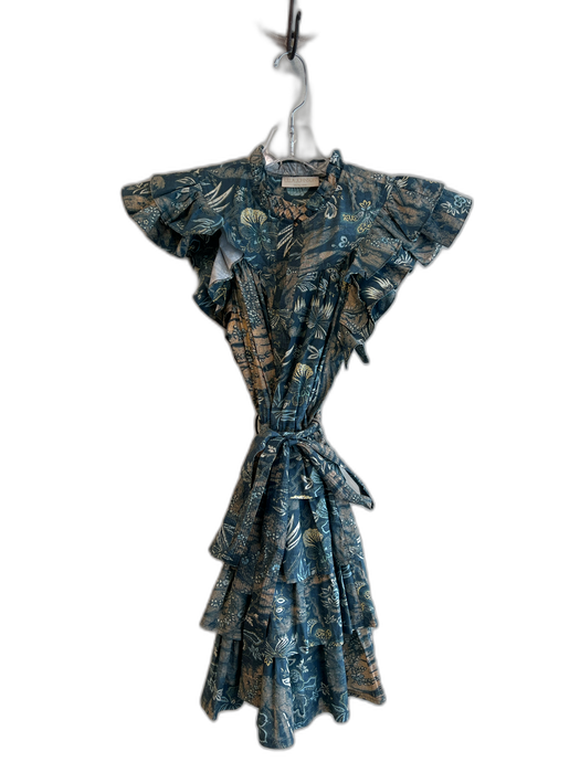 Ulla Johnson Size 3 Teal Blue & Multi Cotton Sleeveless Ruffles Belt Dress Teal Blue & Multi / 3