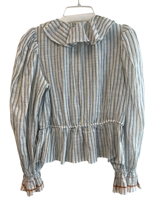 Ulla Johnson Size 4 White & Blue Cotton Striped Long Sleeve Tie At Waist Top White & Blue / 4