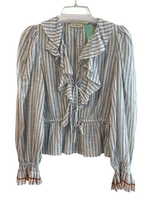 Ulla Johnson Size 4 White & Blue Cotton Striped Long Sleeve Tie At Waist Top White & Blue / 4